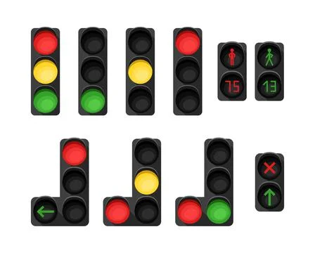 Vector set with illustrations of a traffic light. Traffic regulation. Stock Illustration