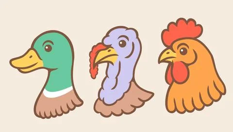 Vector set illustrations of turkey, chicken and duck heads in retro style. .. 스톡 일러스트