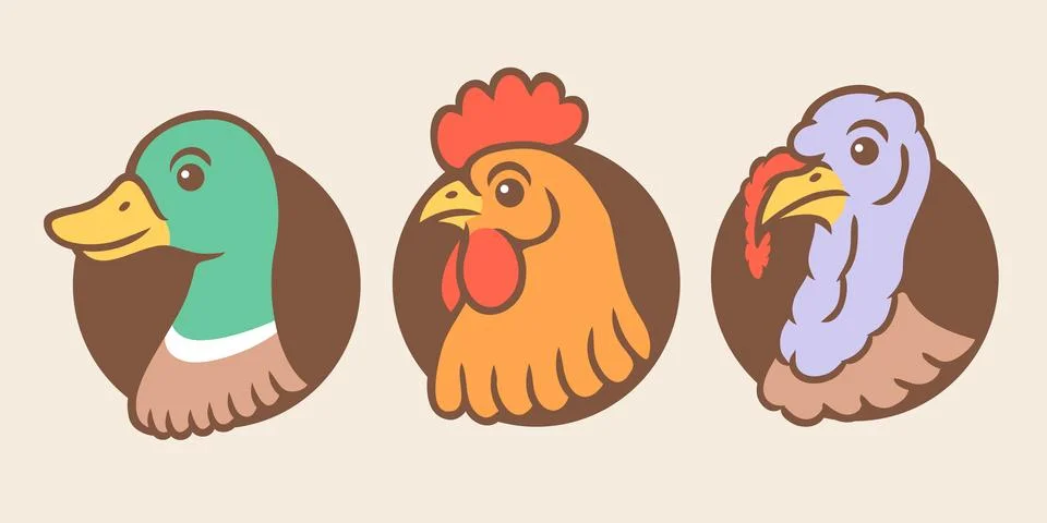 Vector set illustrations of turkey, chicken and duck heads in retro style. .. Stock-Illustration