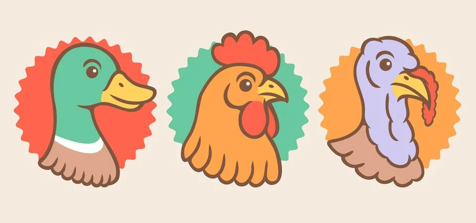 Vector set illustrations of turkey, chicken and duck heads in retro style. .. 스톡 일러스트