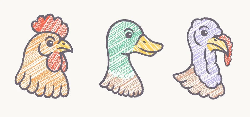 Vector set illustrations of turkey, chicken and duck heads in retro doodle .. 스톡 일러스트