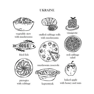 Vector set of illustrations of Ukrainian Christmas dishes. New Year. Traditio Stock Illustration