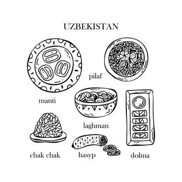 Vector set of illustrations of Uzbek Christmas dishes. New Year. Traditional  Illustrazione stock