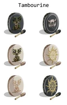 Vector set image of a standing tambourine with a mallet lying next to it, iso Illustrazione stock
