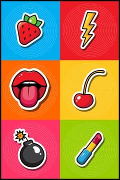 Vector set of images in pop art style. Sticker pack lips and lollipop Stock Illustration
