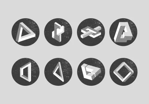 Vector set of impossible objects. Geometric shapes, labels. Penrose triangle and Stock Illustration