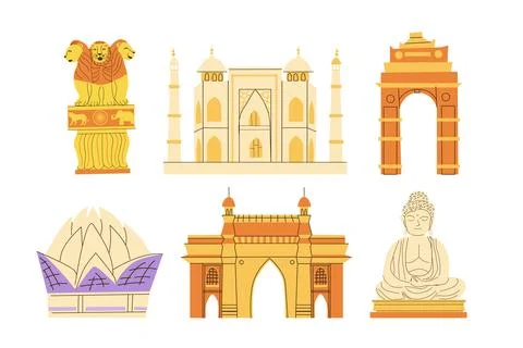 Vector set of India landmarks and famous objects. India Gateway, Lotus temple, Ilustración de archivo