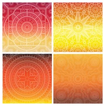 Vector set of indian mandala on orange gradient background. Bohemian ornament Stock Illustration