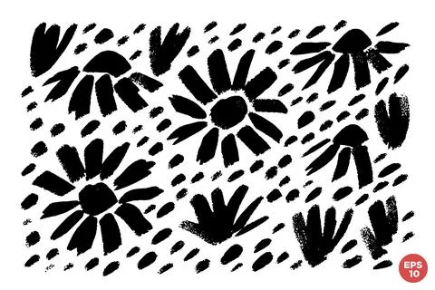 Vector set of ink drawing wild flowers, monochrome artistic botanical illus.. Stock Illustration