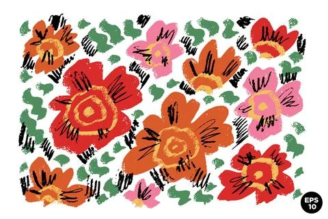 Vector set of ink drawing wild flowers, artistic botanical illustration, isol Stock Illustration