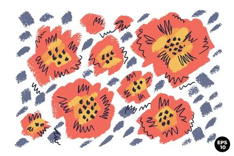 Vector set of ink drawing wild flowers, artistic botanical illustration, isol Stock Illustration