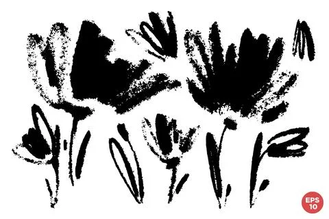 Vector set of ink drawing wild flowers, monochrome artistic botanical illus.. Stock Illustration