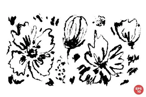 Vector set of ink drawing wild flowers, monochrome artistic botanical illustr Stock Illustration