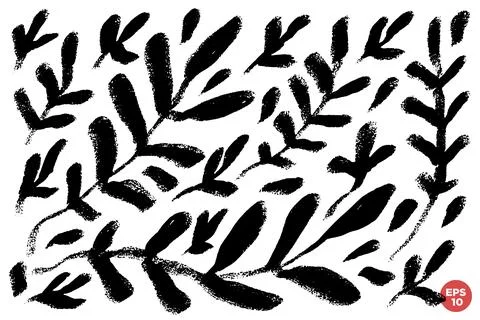 Vector set of ink hand drawn botanical elements, branches with leaves, mono.. Stock Illustration