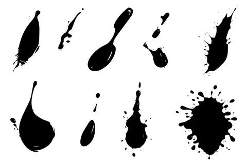 Vector set of ink splashes. Black inked splatter dirt stain splattered spray Stockillustratie
