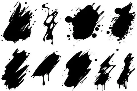 Vector set of ink splashes. Black inked splatter dirt stain splattered spray Stockillustratie
