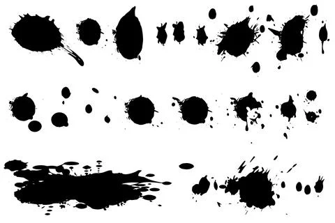 Vector set of ink splashes. Black inked splatter dirt stain splattered spray 스톡 일러스트