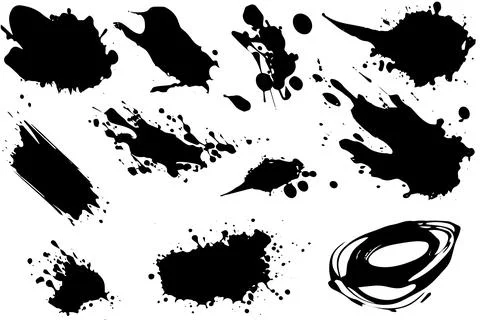 Vector set of ink splashes. Black inked splatter dirt stain splattered spray Stockillustratie