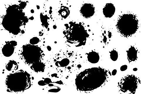 Vector set of ink splashes. Black inked splatter dirt stain splattered spray Stockillustratie
