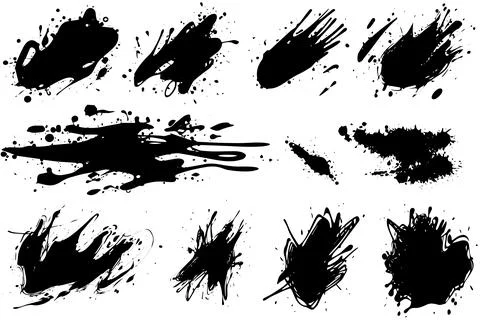 Vector set of ink splashes. Black inked splatter dirt stain splattered spray Stock Illustration