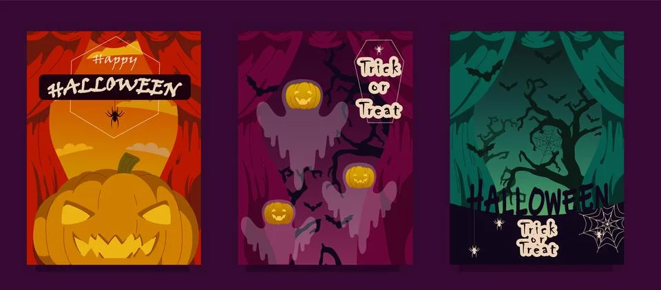 Vector set of invitations for Halloween parties or greeting cards. Stock Illustration