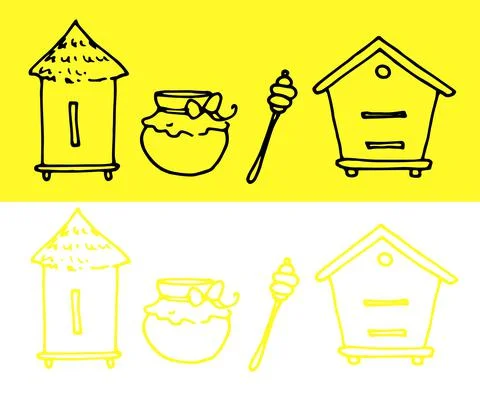 Vector set of isolated beekeeping elements bee houses, honey pot and honey spoon Stock Illustration