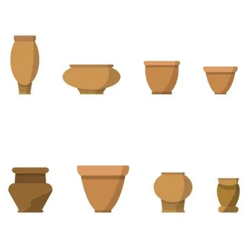 Vector set of isolated brown flat flower pot on white background Illustrazione stock