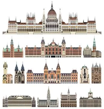Vector set of isolated cathedrals, palaces, houses, buildings,  and other cities Stock Illustration