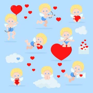 Vector set of isolated cute cupids in flat cartoon style. Stock Illustration