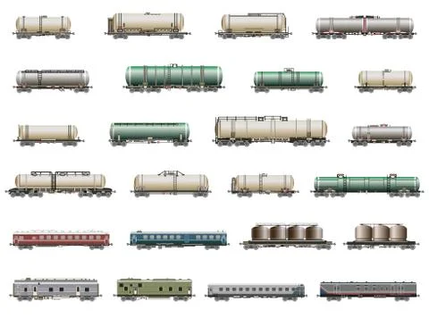 Vector set of isolated deatiled icons of  railway trains, railcars, waggons and  Stock Illustration