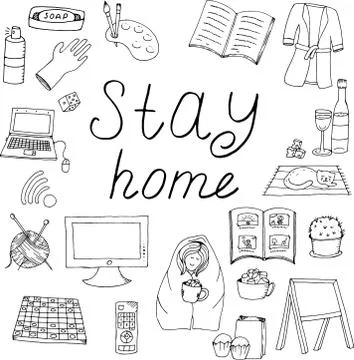 Vector set of isolated doodle elements, stay at home, do things at home, colo Stock Illustration