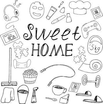 Vector set of isolated doodle elements, sweet home, do things at home, colori Stock Illustration
