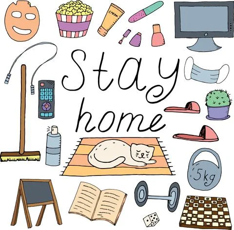 Vector set of isolated doodle elements, stay at home, do things at home 스톡 일러스트