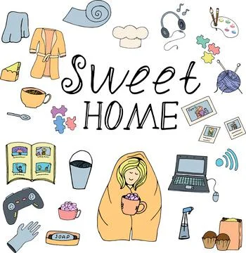 Vector set of isolated doodle elements, stay at home, do things at home Stock Illustration