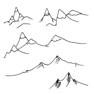 Vector set of isolated elements contour mountains with a black line on a white Stock Illustration