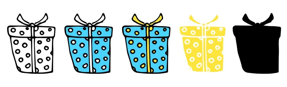 Vector set of isolated gift box elements in a blue package with a yellow dot 스톡 일러스트