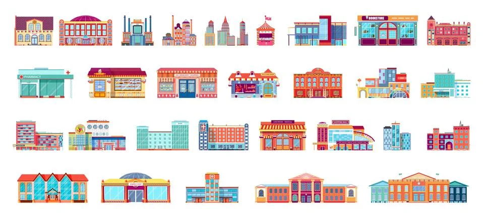 Vector set isolated icons architecture buildings in flat style Stock Illustration