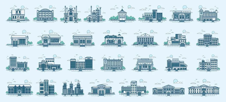 Vector set isolated icons architecture buildings linear style Stock Illustration