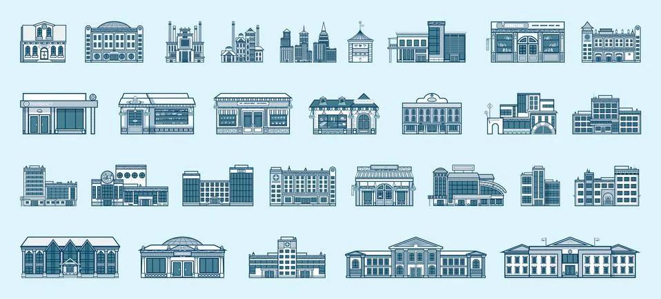 Vector set isolated icons architecture buildings linear style Stock Illustration