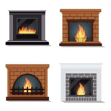 Vector set of isolated icons of cozy fireburning fireplace. Stock Illustration