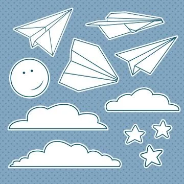 Vector set with isolated paper planes, stars, moon, clouds Stock Illustration