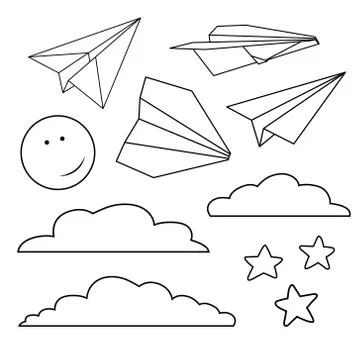 Vector set with isolated paper planes, stars, moon, clouds Stock Illustration