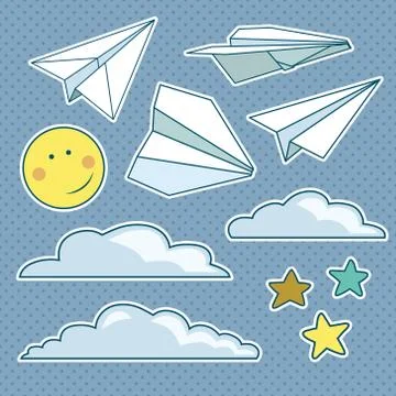 Vector set with isolated paper planes, stars, moon, clouds Stock Illustration