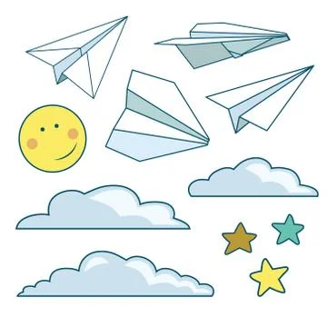 Vector set with isolated paper planes, stars, moon, clouds Stock Illustration