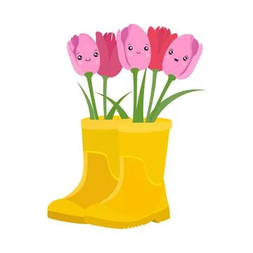 Vector set of isolated pink tulips in yellow rubber boots. Tulips in the style Stock Illustration