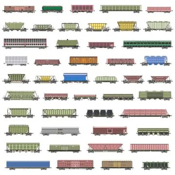Vector set of isolated railway trains, railcars, waggons, vans Stock Illustration