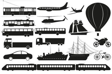 Vector set of isolated transport vehicles silhouettes Stock Illustration