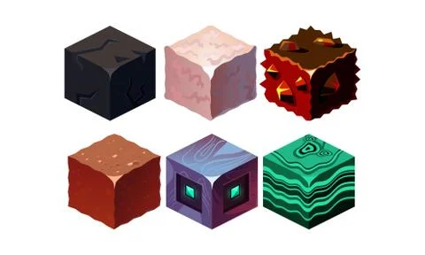 Vector set of isometric blocks with different texture. Cubes in 3D style. Gaming Stock Illustration