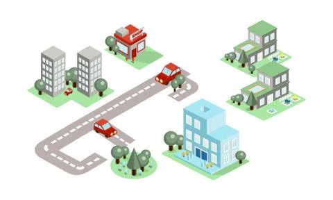 Vector set of isometric city elements. Buildings, trees, road and cars. Design Illustrazione stock