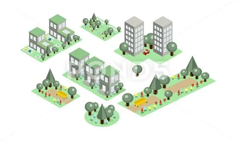 Vector set of isometric city elements. Parks with benches and green trees Stock Illustration